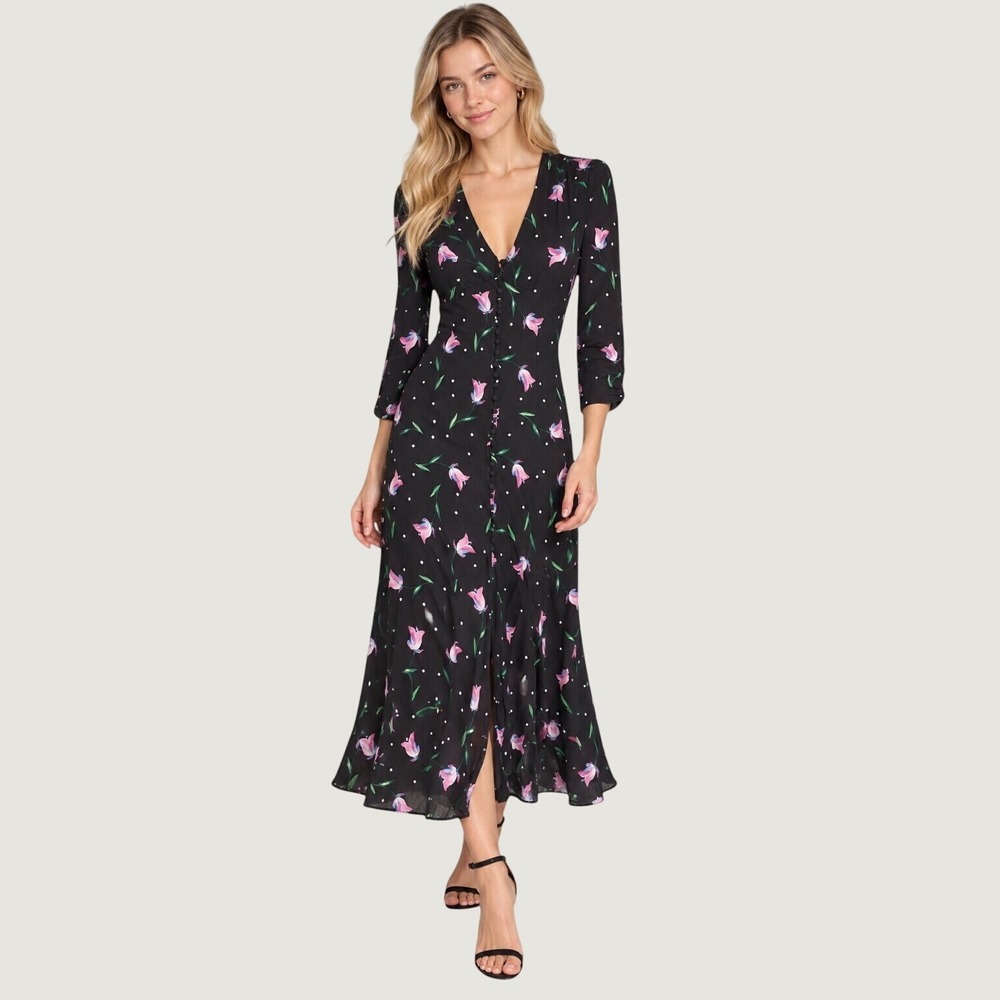 RIXO London Katie Tulip Dot Print Viscose Crepe Midi Button Front Tea Dress M